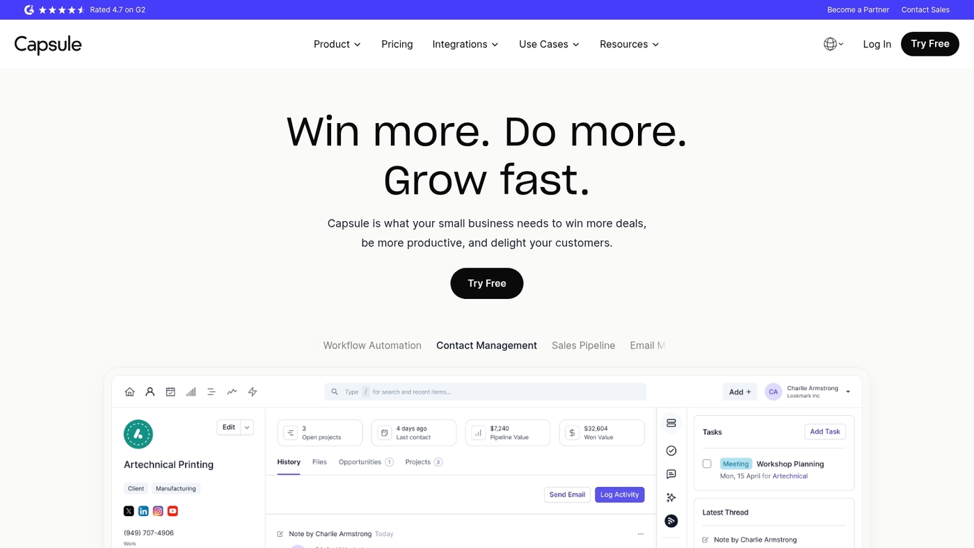 Screenshot of capsulecrm.com